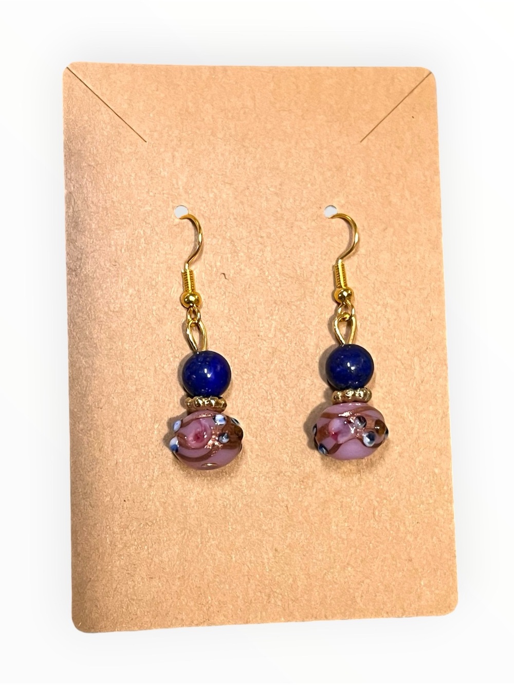 New, Handmade Lapis Lazuli and Pink Wedding Cake Glass Bead Dangle Earrings